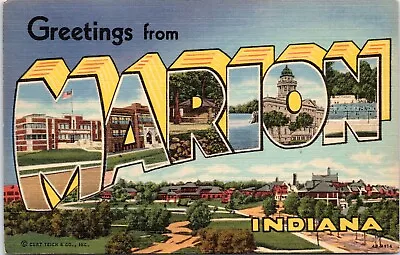 Large Letter Greetings Marion Indiana - 1944 Linen Postcard - Curt Teich • $9.99