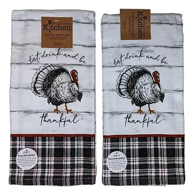 Set Of 2 Mr Birch EAT DRINK & BE THANKFUL Terry Kitchen Towels Kay Dee Designs • $13.97