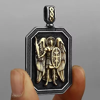 Men's Gold Michael Archangel Medal Shield Pendant Necklace Stainless Steel 24  • $10.99