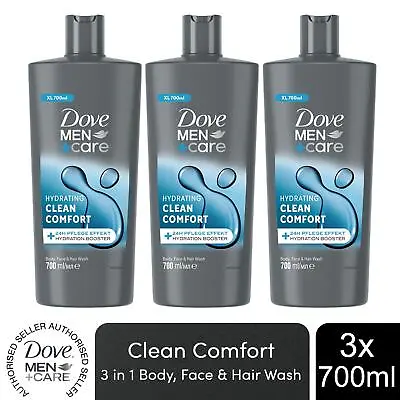 Dove Men+Care 3-in-1 Body Face & Hair Wash Hydrating Clean Comfort 700ml 3 Pk • £14.24