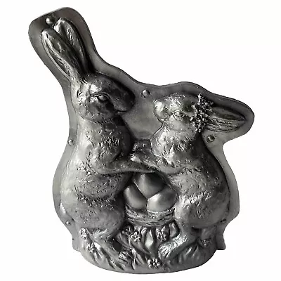 Primitive Silver Tin Style Easter Bunny Rabbit Couple Resin Chocolate Mold Faux • $22.49