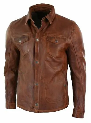 Men Genuine Lambskin Leather Shirt Premium Vintage Biker Sleeves Button Jacket • £72.01