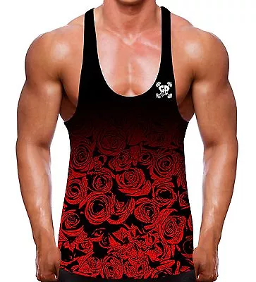 Black Faded Rose Bodybuilding Stringer Vest T Back Y Racerback Gym Workout Wear • £17.87