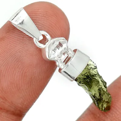 Natural Grnuine Czech Moldavite & Herkimer Diamond 925 Silver Pendant CP21186 • $37.99