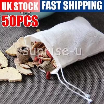 50Pcs Cotton Muslin Drawstring Reusable Bags For Soap Herbs Tea 10x8cm UK STOCK • £7.67