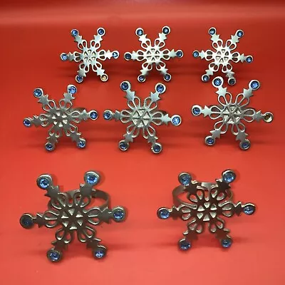Christmas Snowflake Napkin Rings Vintage 8 Pc Blue Gem Silver Color-READ • $19.97