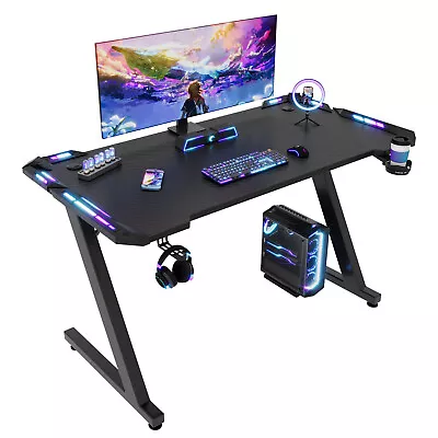 Gunji LED Gaming Desk Computer Table Workstations W/ Headphone Hook & Cup Holder • £67.99