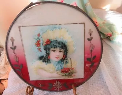 Antique Vtg Round Glass Flue Cover Victorian Little Girl Child Cherry Basket • $45