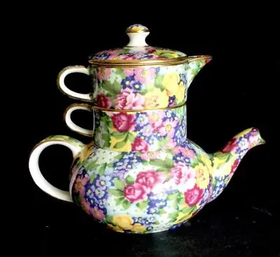 ROYAL WINTON JULIA GRIMWADES CHINTZ STACKING TEAPOT FOR ONE Creamer Sugar Set • $199.95