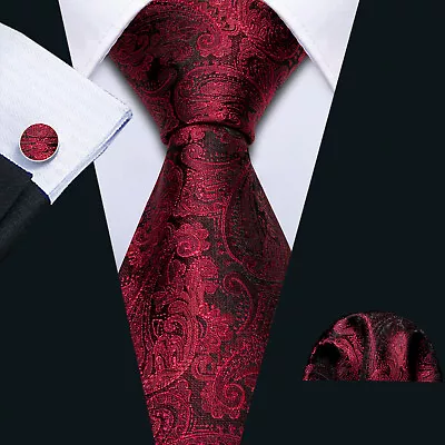 Mens Tie Silk Necktie Pocket Square Cufflinks Clip Set Paisley Floral Wedding • $23.98