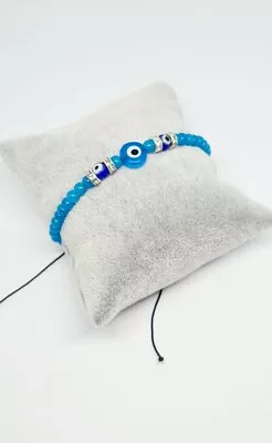 Evil Eye Hamsa Handmade Adjustable Bracelet With Crystal Bits Charm Aqua Blue • £3.25