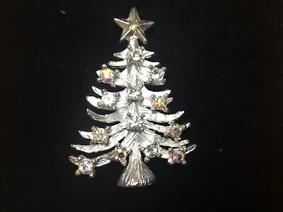 Vintage Eisenberg Ice Silver Tone Christmas Tree Brooch With AB Rhinestones • $18.99