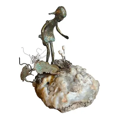 Artist Malcolm Moran Bronze Sculpture Girl W/ Flowers Geode Base • $195