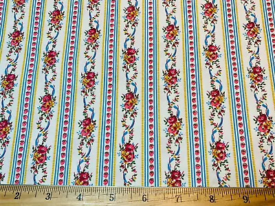 Vintage Cotton Fabric BEAUTIFUL Pillow Ticking Roses Floral Stripes 29 W 32 L • $12.99