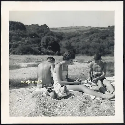 SADDLE SHOES In The Sand Boys & Girl In Swimsuits Vintage Snapshot Photo • $7.49