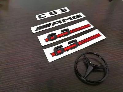 Gloss Black Red C63 AMG And Rear Star Side 6.3 AMG Emblem Badge For W204 507 • $39.99