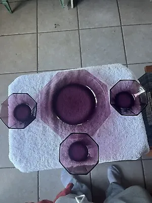 Moroccan Amethyst Purple Mid Century Modern Atomic Age Glass Octagon Bowls Plate • $19.99