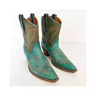 FRYE Turquoise Teal Leather Heeled Cowboy Western BOOTS Size 9 M Pull-on • $300