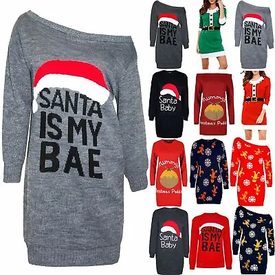 Ladies Long Sleeve Womens Off The Shoulder Santa Is My Bae Christmas Xmas Dress • £12.49