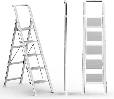 5 Step Ladder Folding Step Stool Lightweight Aluminum Silver Foldable Ladder • $138