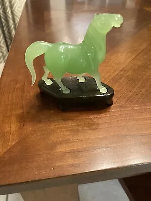 Vintage Chinese Jadeite Jade Green Peking Glass Horse Figurine W/ Wooden Base... • $69.99