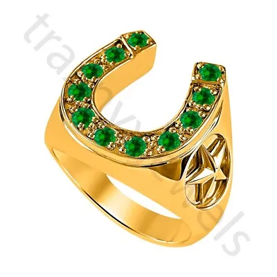 1.50 Ct Lab Created Green Emerald 14K Yellow Gold Over Star Horseshoe Men's Ring • $128.14