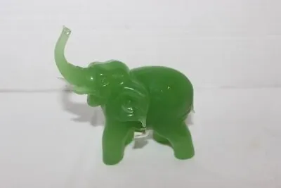 Vintage Green Jade Jadite Solid Glass Tusked Trunk Up Large Elephant Figurine 4” • $17