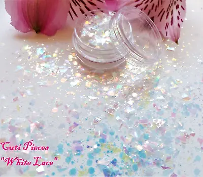 Nail Art Glitter Iridescent *White Lace* Mylar Flakes Hexagon Holographic Pot • £2.35