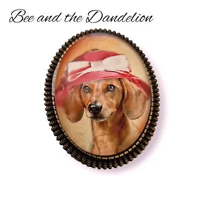 Dachshund Sausage Dog In Large Red Hat Vintage Style Glass Cameo Brooch • £8.99