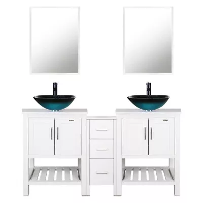 60  Bathroom Vanity Set Square Vessel Sink Mirror Side Small Cabinet White Combo • $814.99