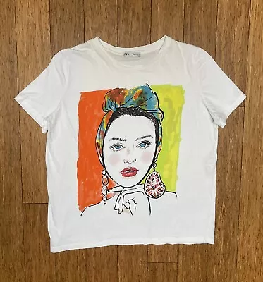 ZARA White T-Shirt With Woman’s Face Graphic SIZE Medium • $12