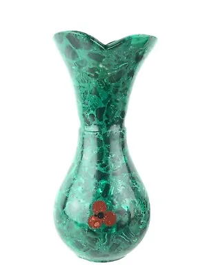 Carved 7.5  Malachite Vase With Red Flower Inlay • $299.99