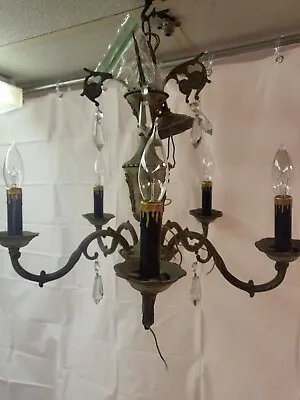 Vintage 5 Arm Brass Light Chandelier With Crystals Prisms - Ready To Hang • $150