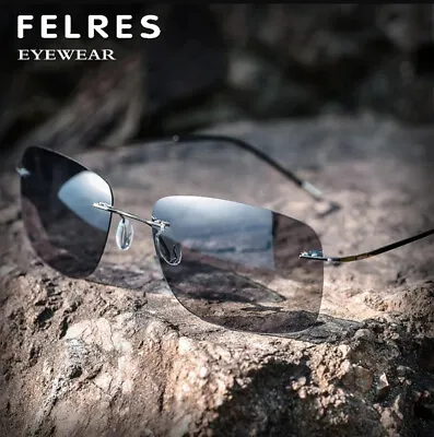 $15.39 • Buy Titanium Alloy Rimless Photochromic Polarised Sunglasses For Men Driving Glasses