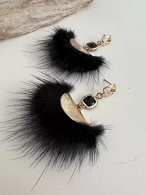 Elegant Black & Gray Feathers Dangle Earrings - Stylish Evening Glam Earrings • $25