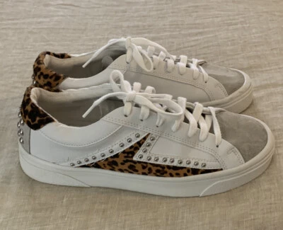 $24.90 • Buy ZARA White Leather Sneakers With Grey Suede, Leopard Print & Stud Details Size 9