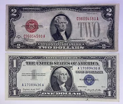 1928 ($2) Two Dollar Red Seal 1957 ($1) One Dollar Blue Seal Notes • $25.95