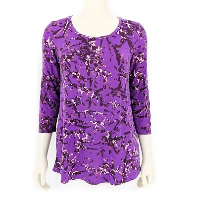 H By Halston Bamboo Printed Scoop Neck 3/4 Sleeve Top Purple Womens XXSmall • $10.80