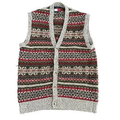 VTG Tommy Hilfiger Mens Sweater Vest Cardigan Wool Shetland Striped 90s Sz L • $39