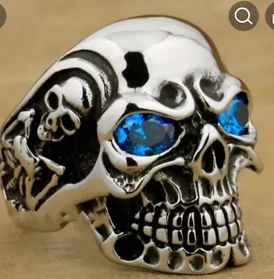 Mens Motorcycle Style Ss Skull Ring  Blue Zircon Eyes Heavy Ss Choose Your Size • $7.99