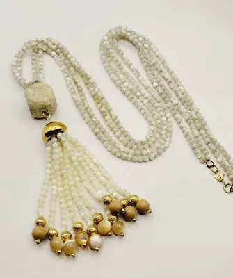 Vintage Monet White Seed Bead Necklace Tassel Long 30 In STATEMENT • $35.99