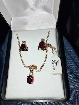 Garnet Genuine Necklace Pendant Earrings Oval Set In 14K Gold Plating With Box. • $39.75
