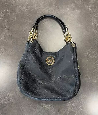 Michael Kors Bag Black Medium Pebbled Leather Shoulder Purse Handbag Gold Strap • $34.95