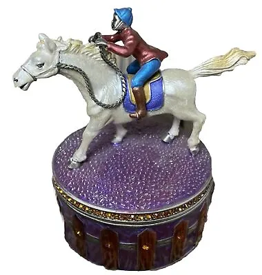 Vintage Trinket Box Equestrian Jockey Race Horse Jeweled Fast Shipping • $13.99