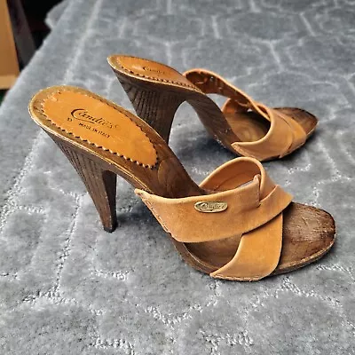 Vintage Candies 1970'S HONEY TAN Leather Sandals 3.5  High Heels Slides Size 6 • $44.97