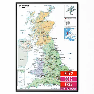 UK Countries Map Educational Wall Chart Poster Print | A5 A4 A3 A2 A1 | • £4.99