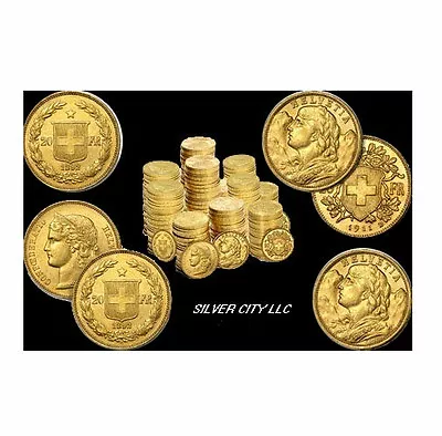 (5) Gold Swiss 20 Franc Agw .1867 Oz. Gold Coin Random Year & Au Condition • $3049.95