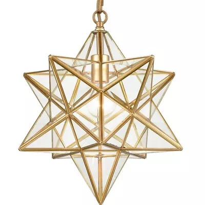 Moravian Star Light Modern Brass Pendant Light 15 Inches With Clear Glass Shade • $128.99