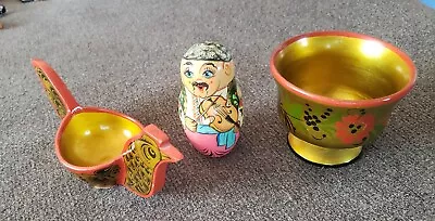 Vintage Khokhloma Bird Bowl + Nesting Doll Russia Ussr • $29.95