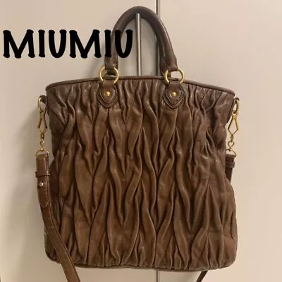 MIU MIU Matelasse Brown Leather 2way Shoulder Bag Tote Bag USED Auth #3704 • $187